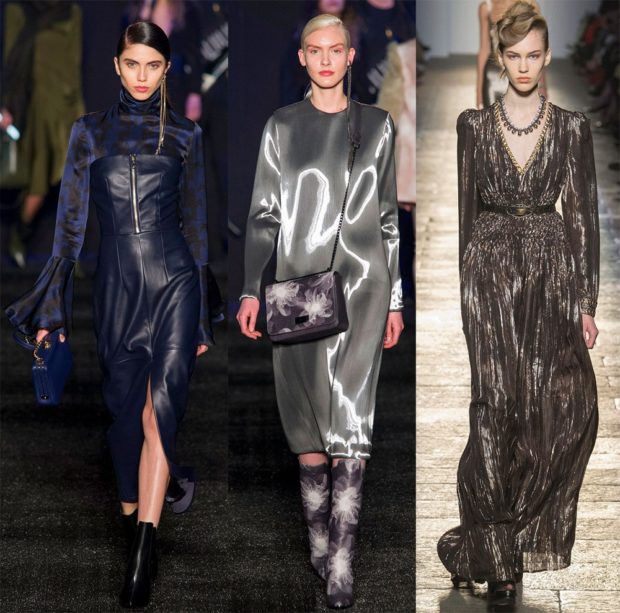 модные женские платья зима 2022: платья длинные кожаное серебристое