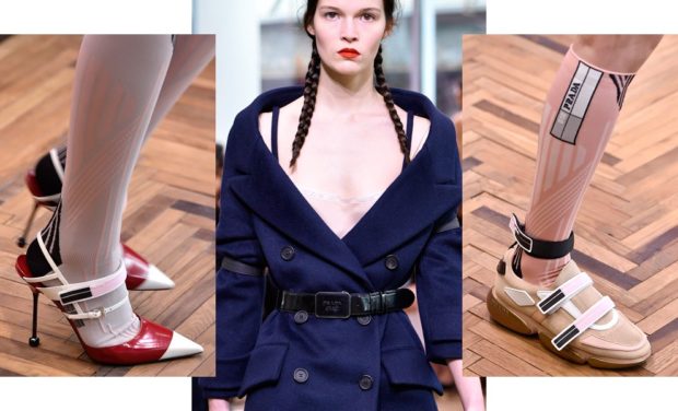 Весенняя коллекция женской одежды Prada 2018 года:пальто без плеч обувь под колготы