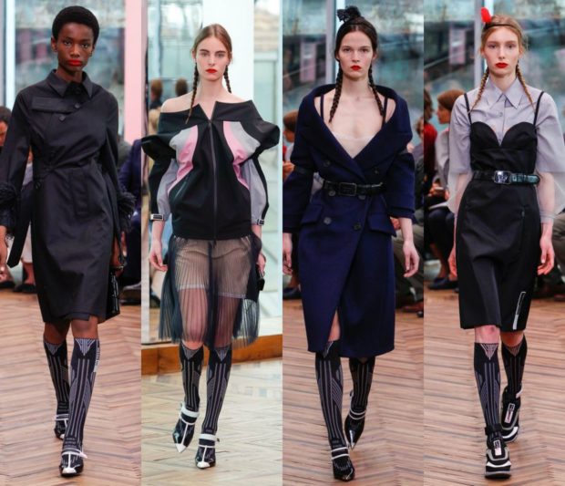 Весенняя коллекция женской одежды Prada 2018 года: черный плащ бомбер пальто сарафан