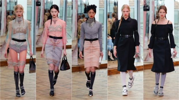Весенняя коллекция женской одежды Prada 2018 года: шифоновое платье плащ пальто без плеч