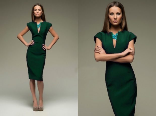 мода весна лето 2022 2023 для женщин за 30: платье зеленое по колено рукав короткий